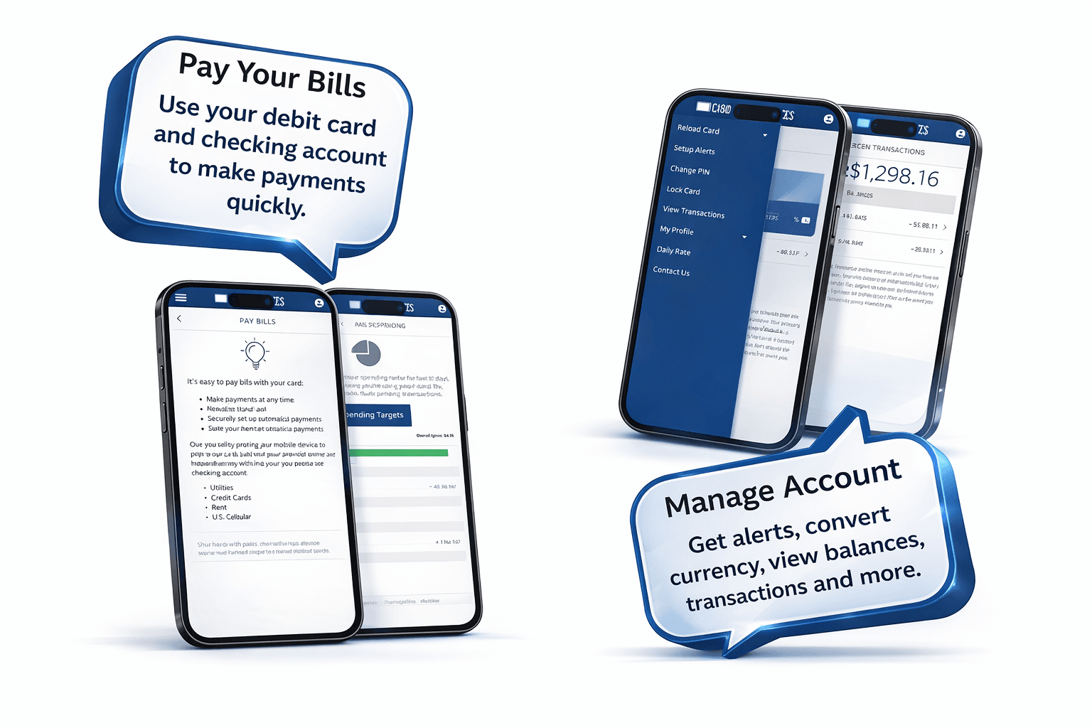 Mobile banking interface showing bill payment and account management features